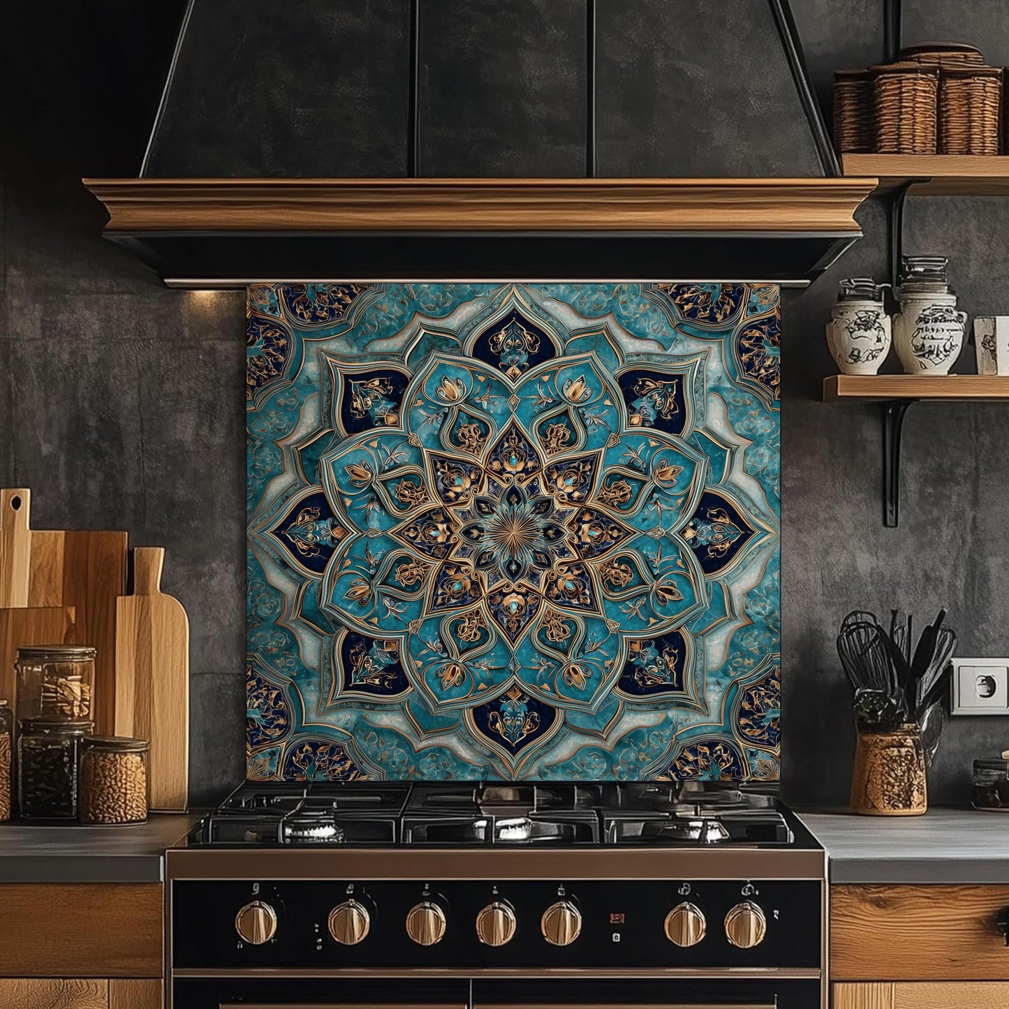 Golden Ornamental Medallion Glass Backsplash, Navy Filigree Stove Guard, Heat Resistant Marble Art