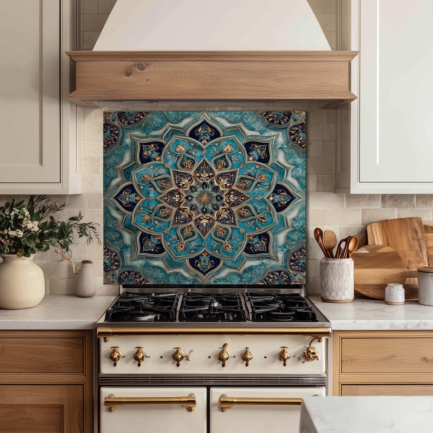 Golden Ornamental Medallion Glass Backsplash, Navy Filigree Stove Guard, Heat Resistant Marble Art