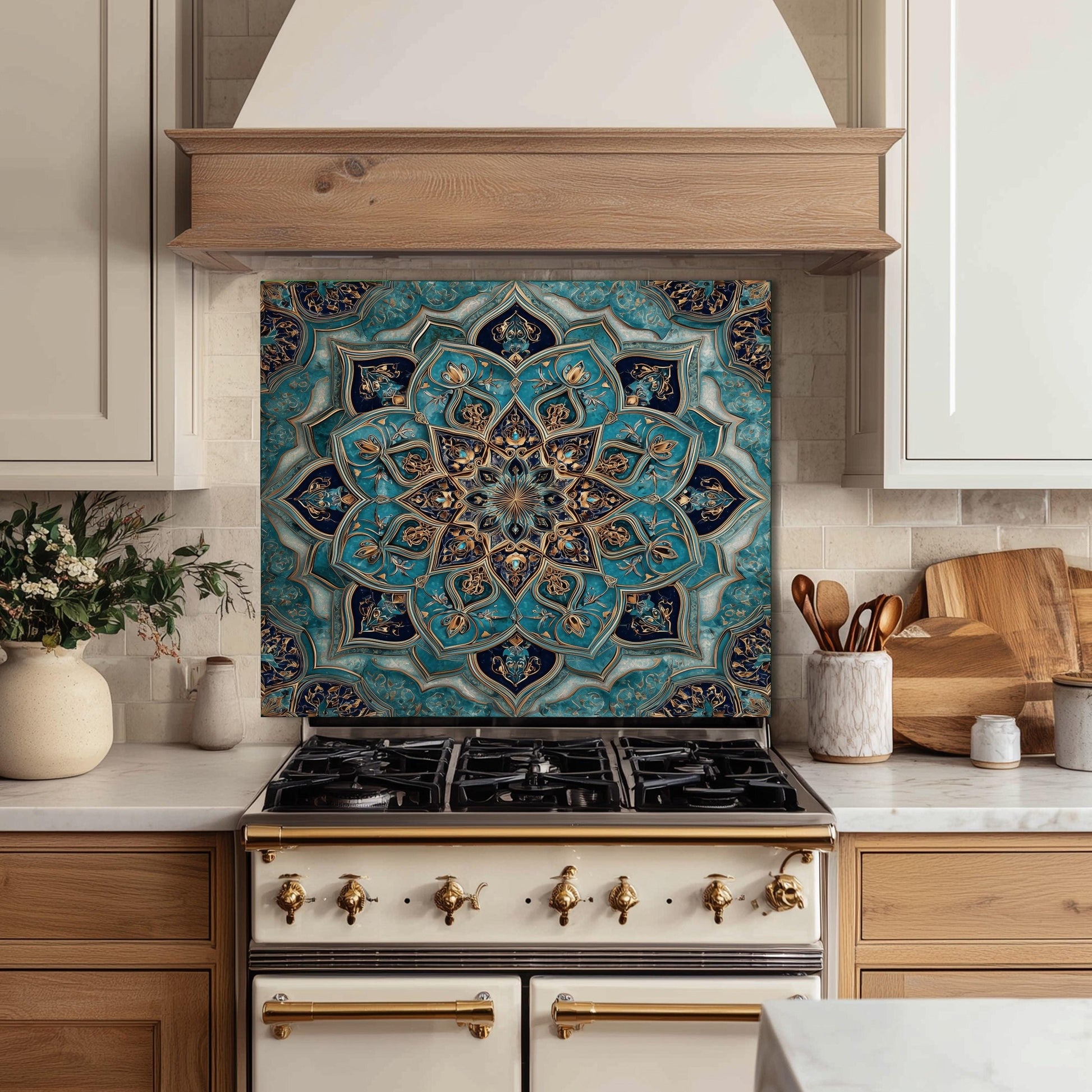 Golden Ornamental Medallion Glass Backsplash, Navy Filigree Stove Guard, Heat Resistant Marble Art