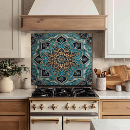 Golden Ornamental Medallion Glass Backsplash, Navy Filigree Stove Guard, Heat Resistant Marble Art