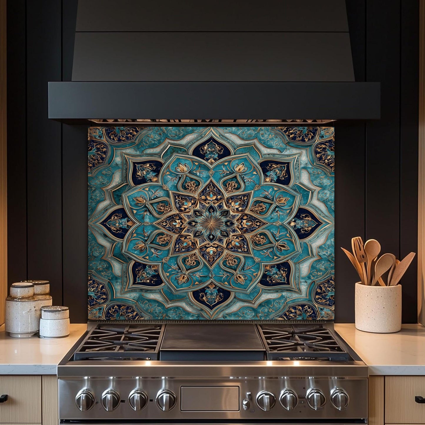 Golden Ornamental Medallion Glass Backsplash, Navy Filigree Stove Guard, Heat Resistant Marble Art
