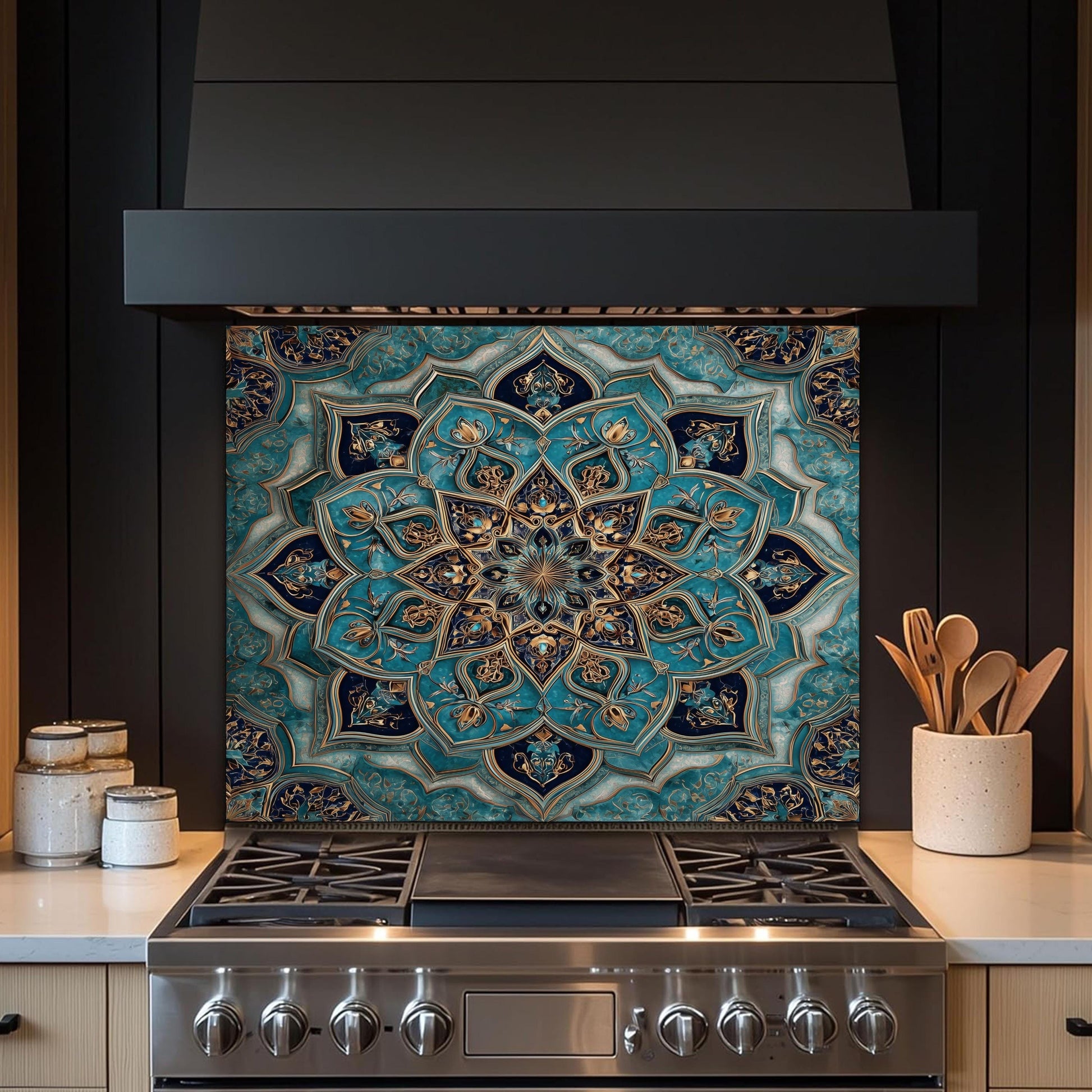 Golden Ornamental Medallion Glass Backsplash, Navy Filigree Stove Guard, Heat Resistant Marble Art