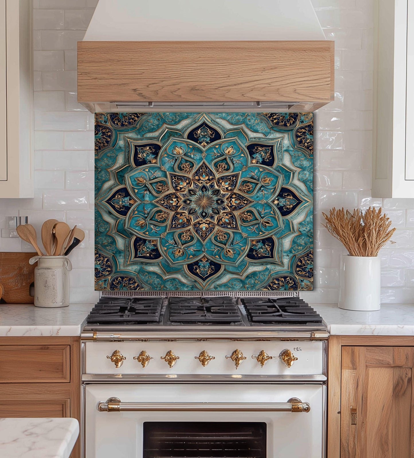 Golden Ornamental Medallion Glass Backsplash, Navy Filigree Stove Guard, Heat Resistant Marble Art