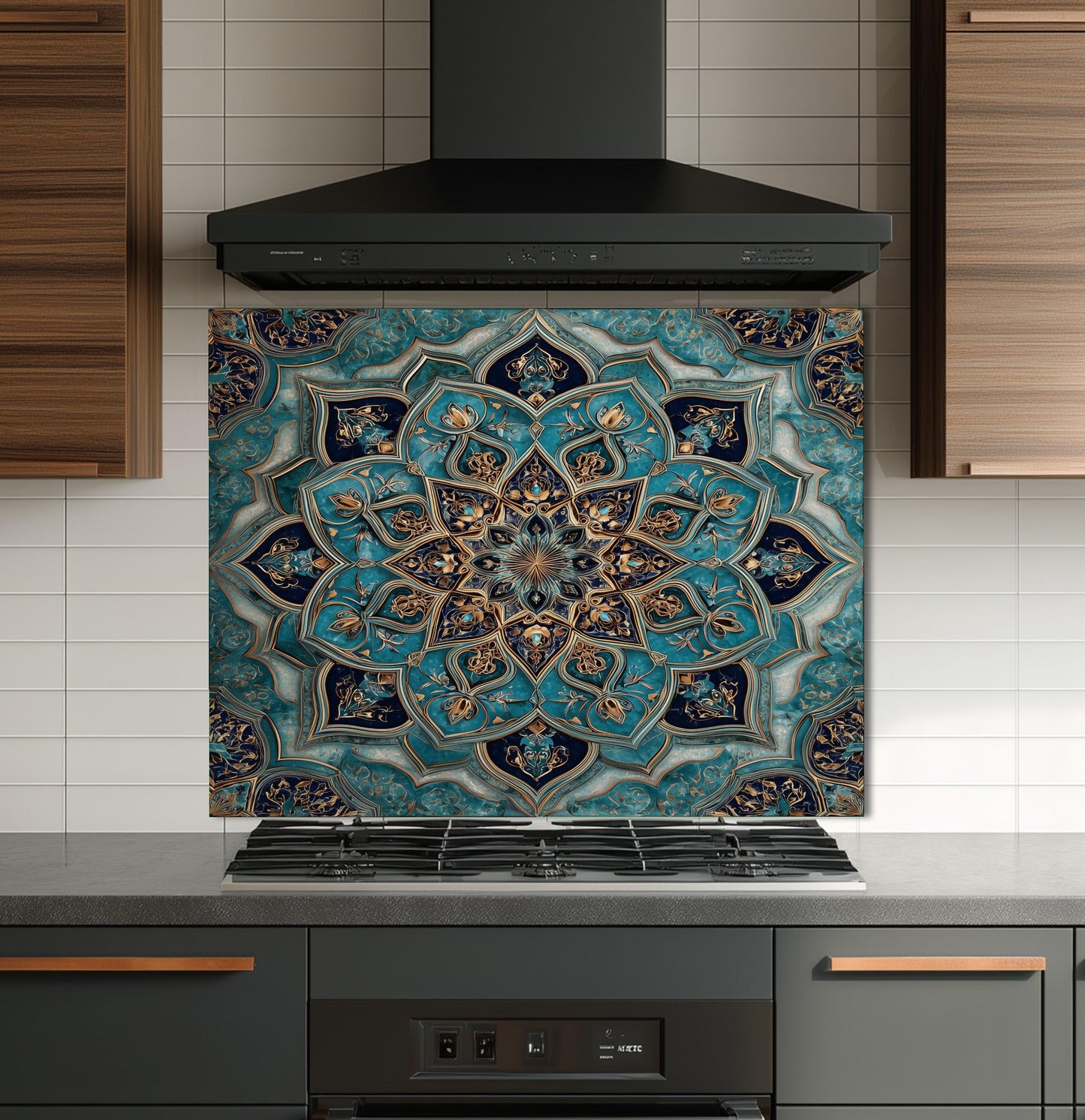 Golden Ornamental Medallion Glass Backsplash, Navy Filigree Stove Guard, Heat Resistant Marble Art