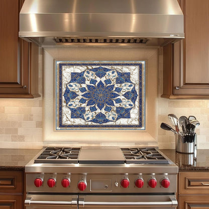 Royal Navy Gold Mandala Glass Backsplash, Marble Kaleidoscopic Stove Guard, Heat Resistant Kitchen Art