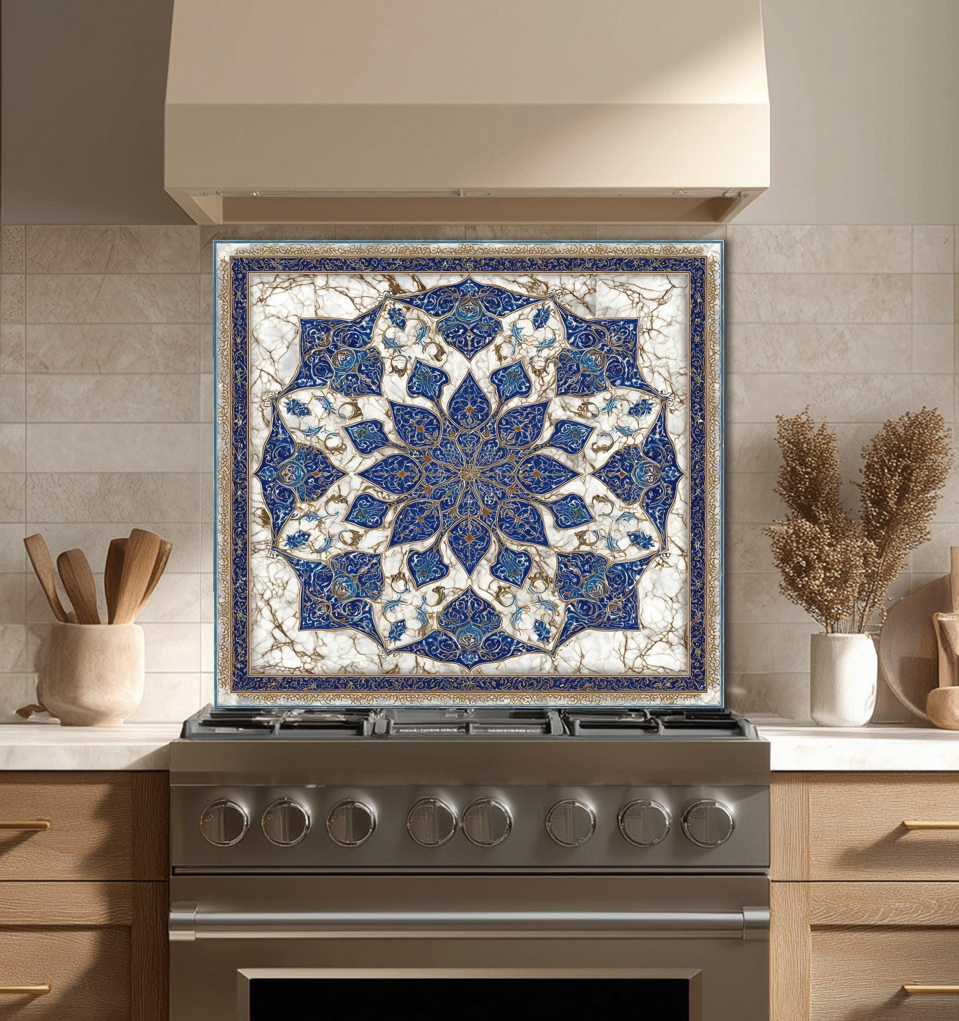 Royal Navy Gold Mandala Glass Backsplash, Marble Kaleidoscopic Stove Guard, Heat Resistant Kitchen Art