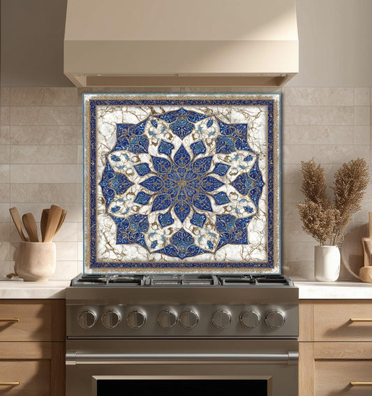 Royal Navy Gold Mandala Glass Backsplash, Marble Kaleidoscopic Stove Guard, Heat Resistant Kitchen Art