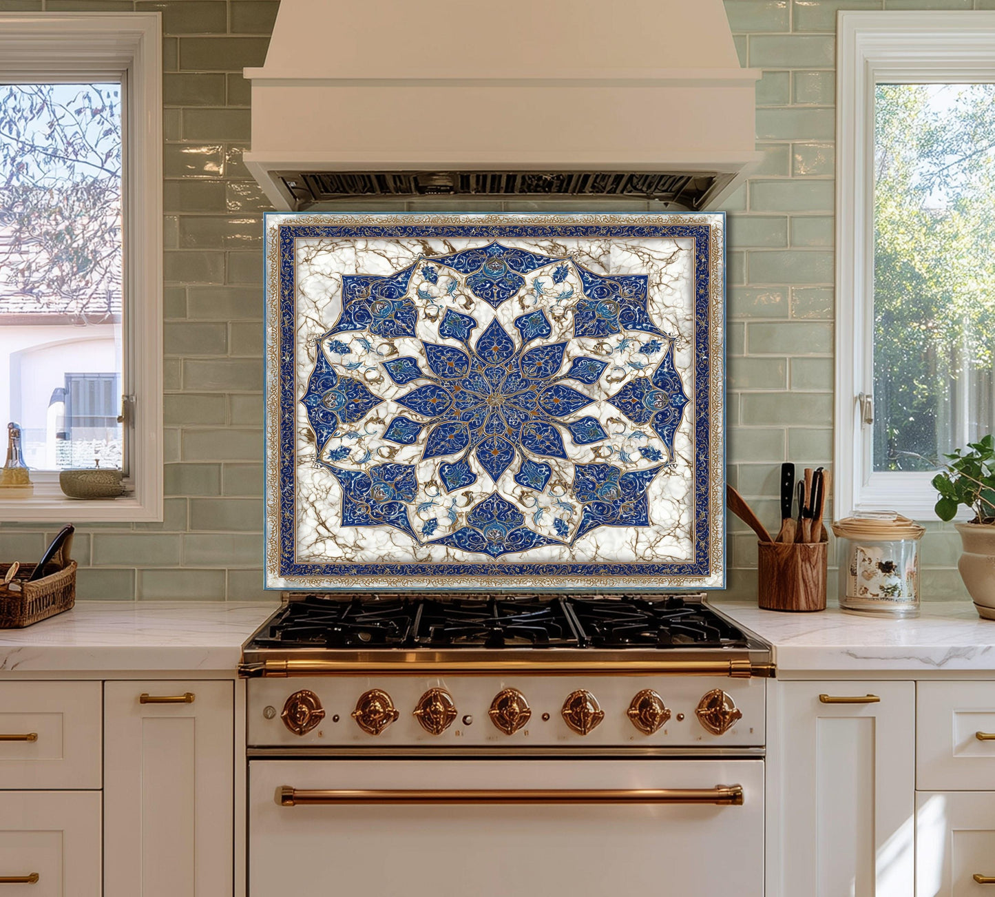 Royal Navy Gold Mandala Glass Backsplash, Marble Kaleidoscopic Stove Guard, Heat Resistant Kitchen Art