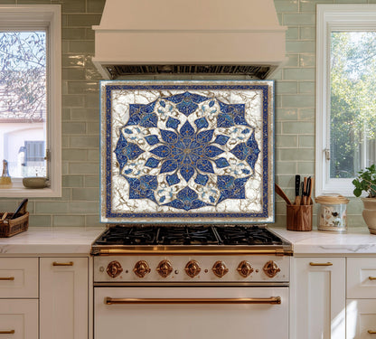 Royal Navy Gold Mandala Glass Backsplash, Marble Kaleidoscopic Stove Guard, Heat Resistant Kitchen Art