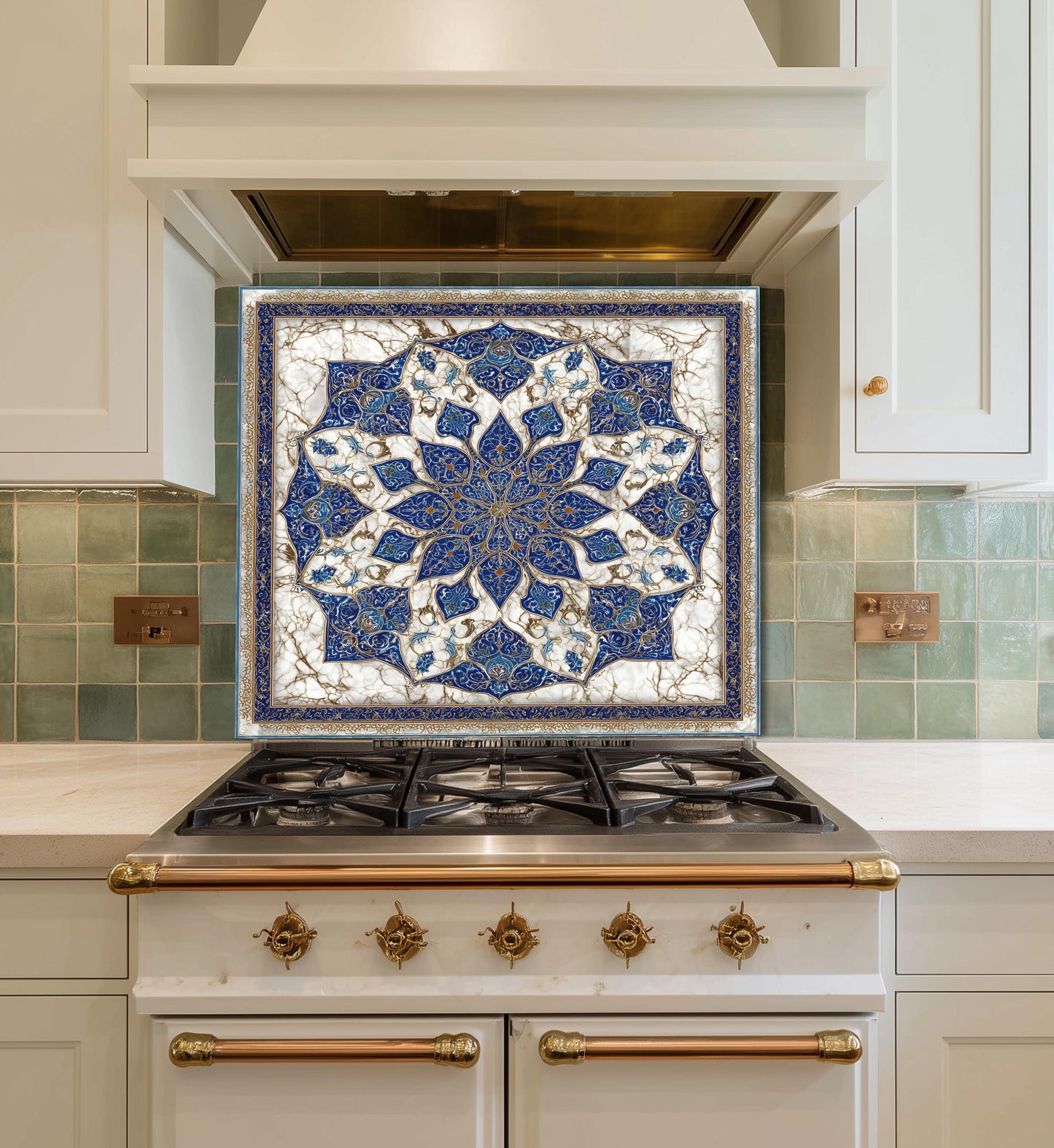 Royal Navy Gold Mandala Glass Backsplash, Marble Kaleidoscopic Stove Guard, Heat Resistant Kitchen Art