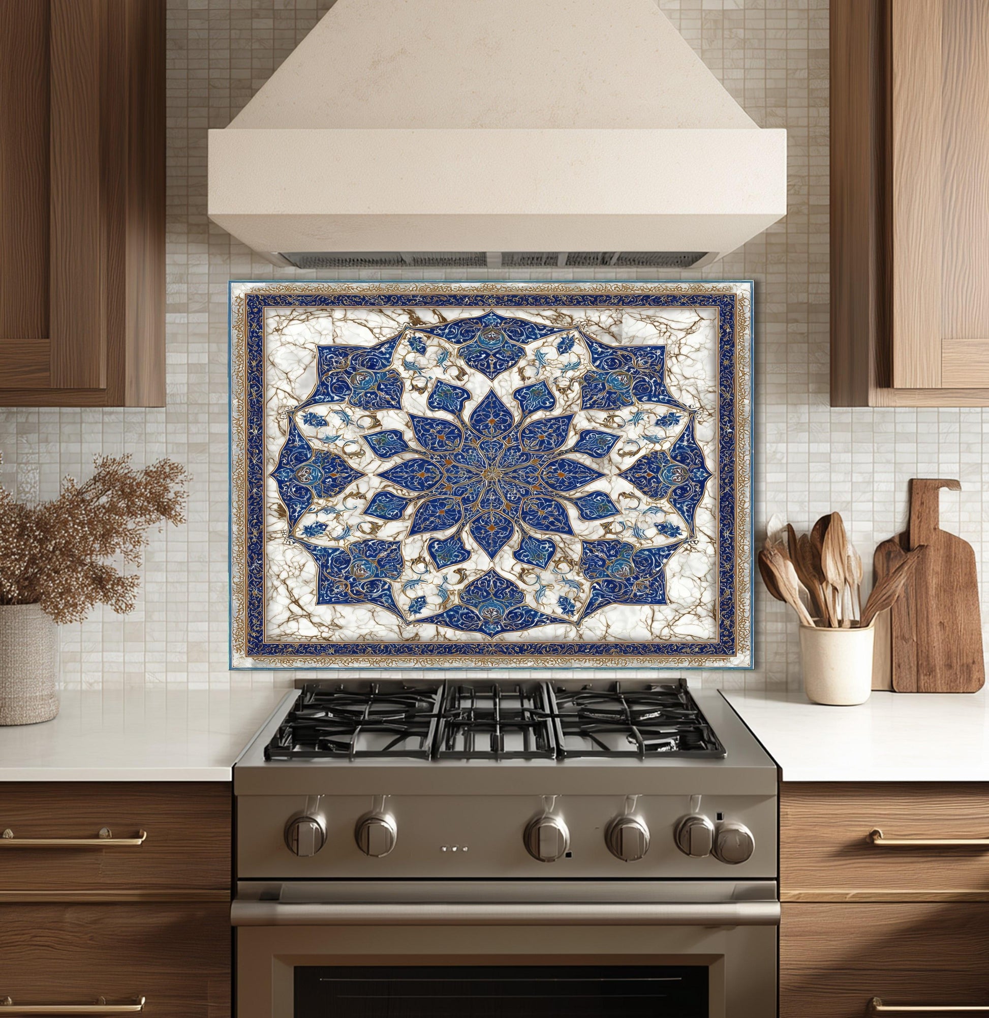Royal Navy Gold Mandala Glass Backsplash, Marble Kaleidoscopic Stove Guard, Heat Resistant Kitchen Art