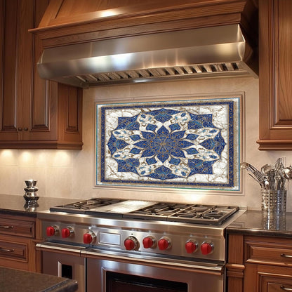 Royal Navy Gold Mandala Glass Backsplash, Marble Kaleidoscopic Stove Guard, Heat Resistant Kitchen Art