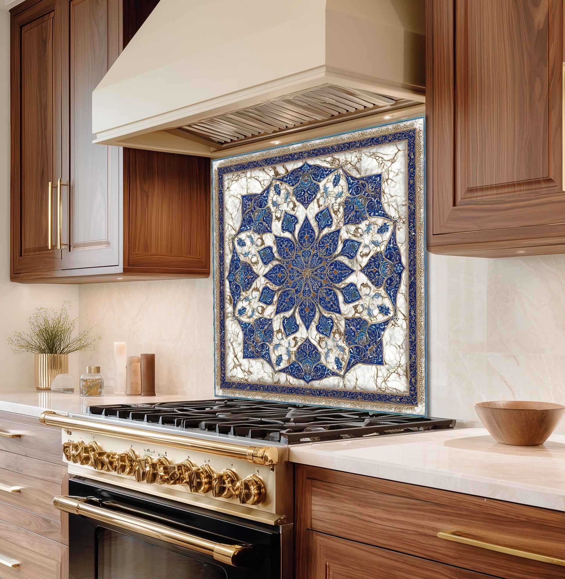 Royal Navy Gold Mandala Glass Backsplash, Marble Kaleidoscopic Stove Guard, Heat Resistant Kitchen Art