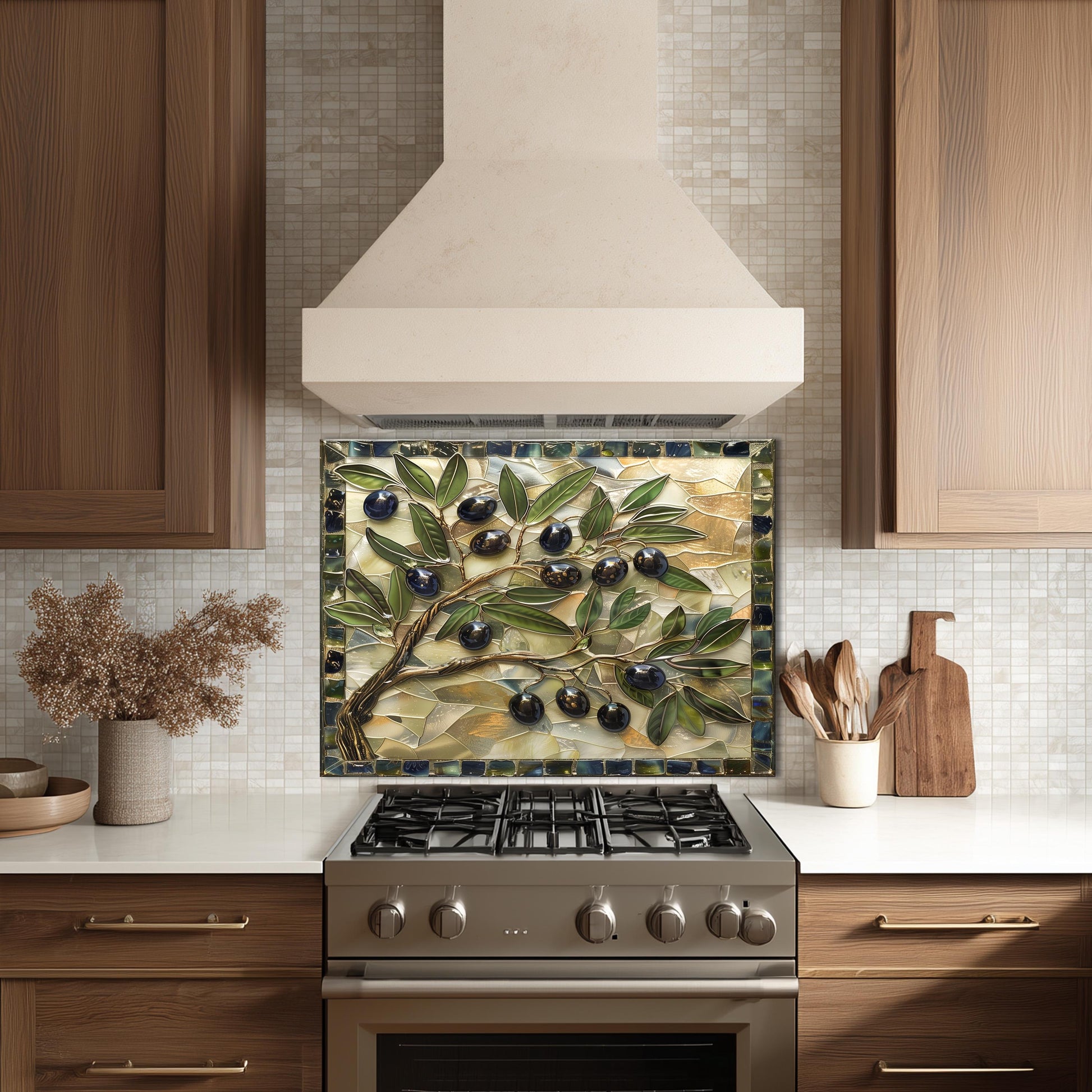 Glass Backsplash for Kitchen, Easy Clean Tempered Glass Panel, Olive Branch Mosaic Tile Design