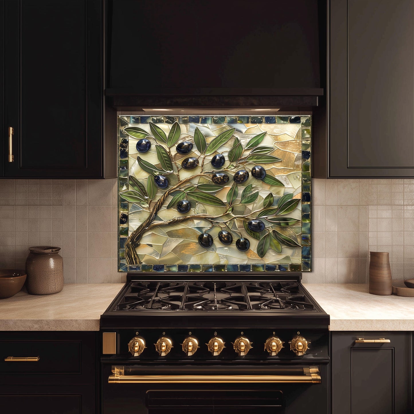 Glass Backsplash for Kitchen, Easy Clean Tempered Glass Panel, Olive Branch Mosaic Tile Design