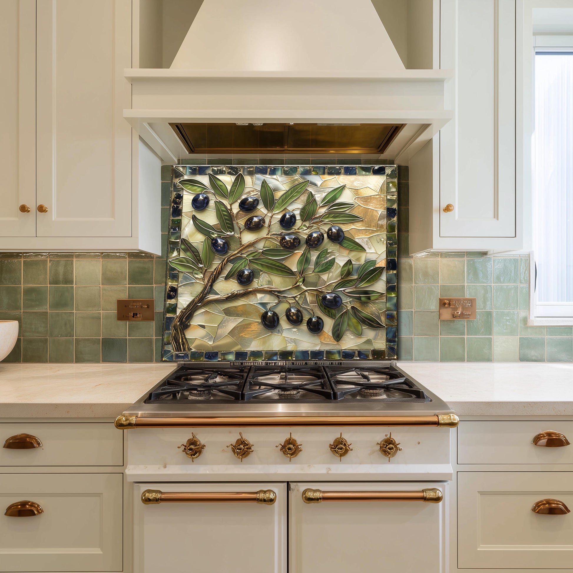 Glass Backsplash for Kitchen, Easy Clean Tempered Glass Panel, Olive Branch Mosaic Tile Design