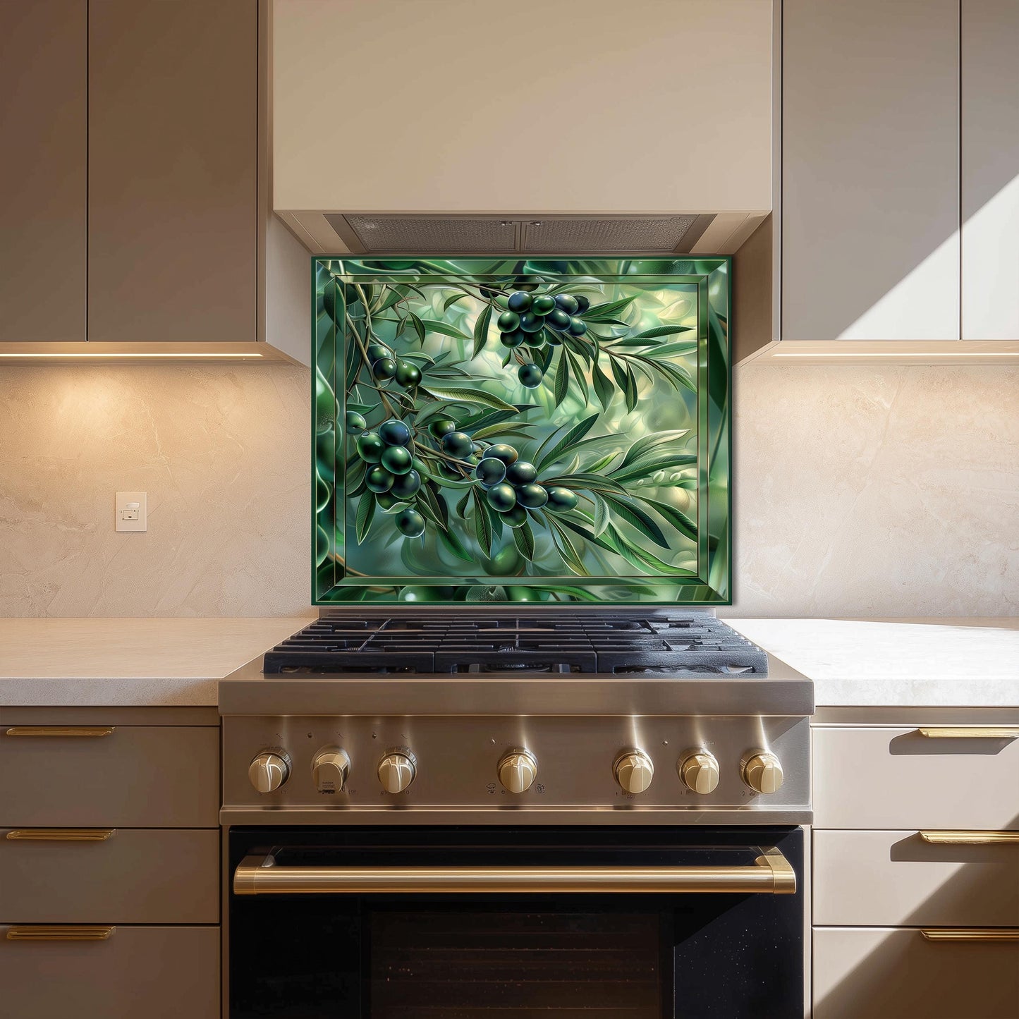 Glass Backsplash for Kitchen, Easy Clean Tempered Glass Panel, Green Olive Garden Design