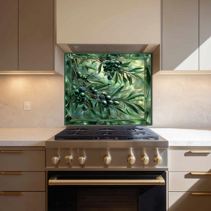 Glass Backsplash for Kitchen, Easy Clean Tempered Glass Panel, Green Olive Garden Design