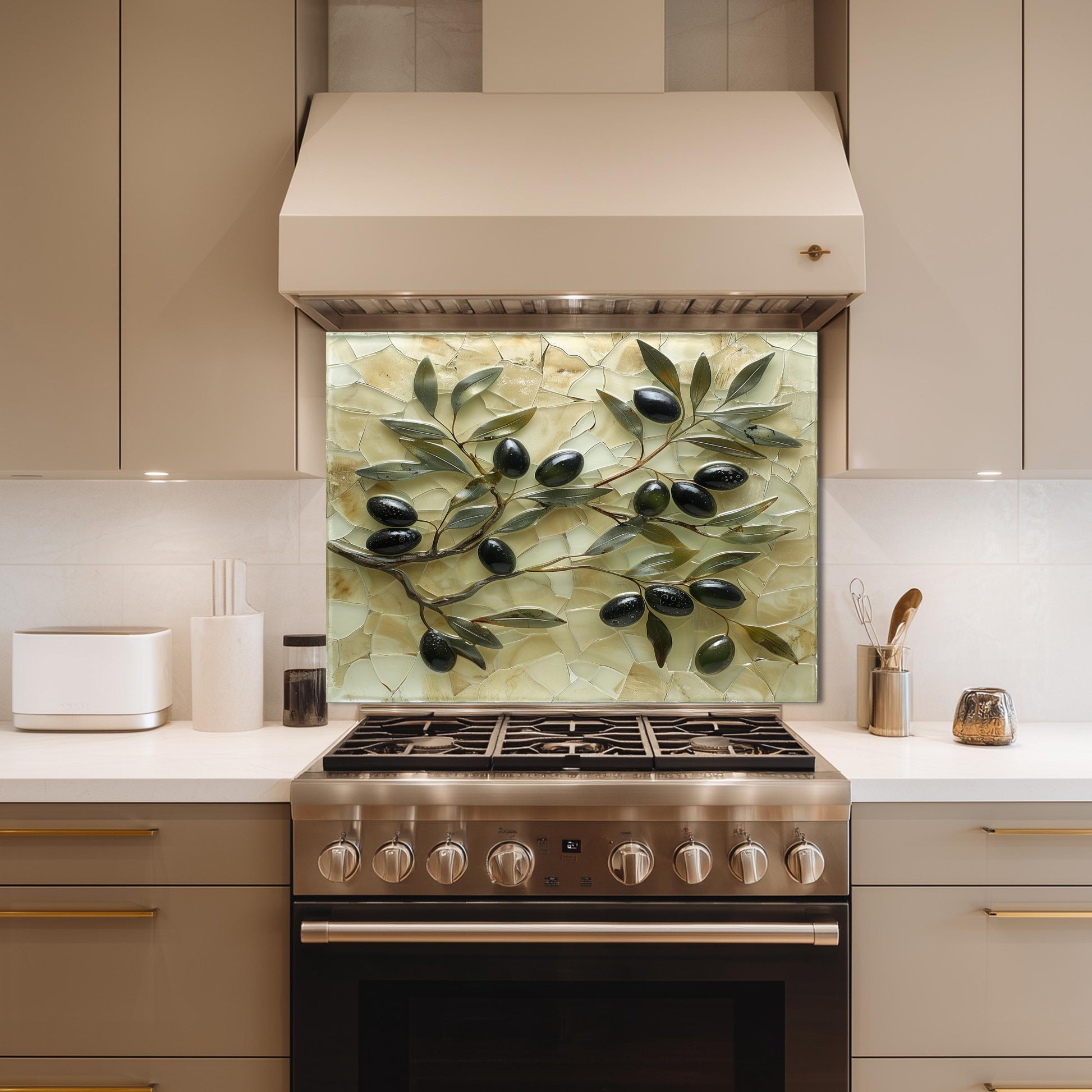 Glass Backsplash for Kitchen, Easy Clean Tempered Glass Panel, Antique Olive Mosaic Design