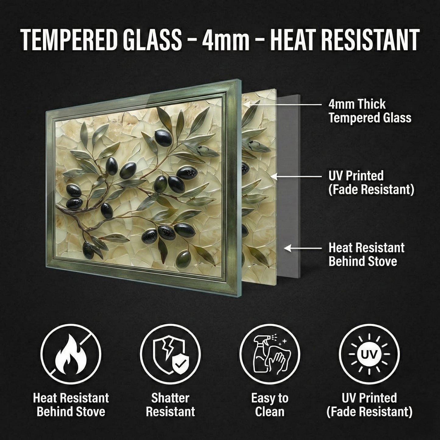 Glass Backsplash for Kitchen, Easy Clean Tempered Glass Panel, Antique Olive Mosaic Design