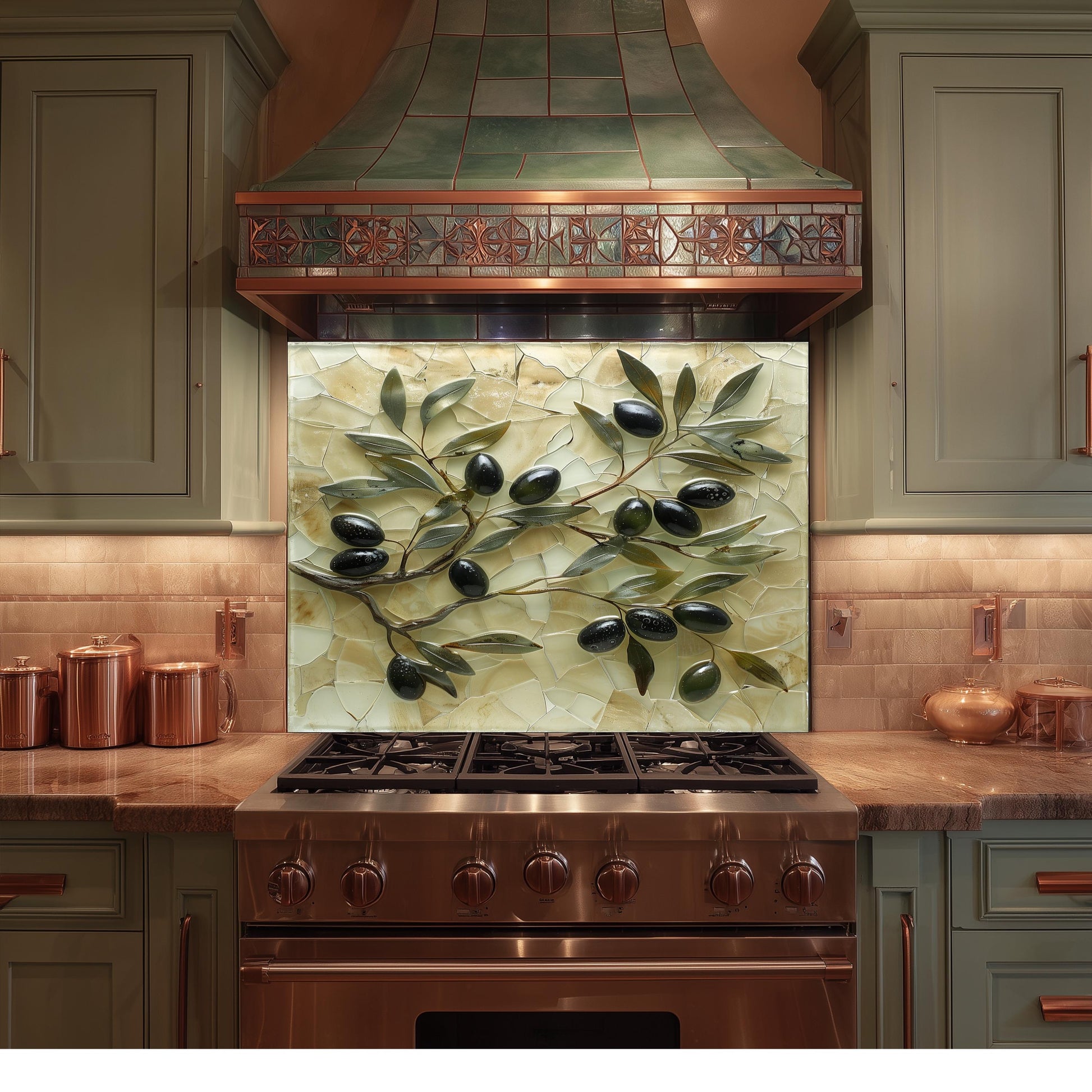 Glass Backsplash for Kitchen, Easy Clean Tempered Glass Panel, Antique Olive Mosaic Design