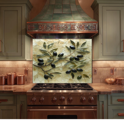 Glass Backsplash for Kitchen, Easy Clean Tempered Glass Panel, Antique Olive Mosaic Design