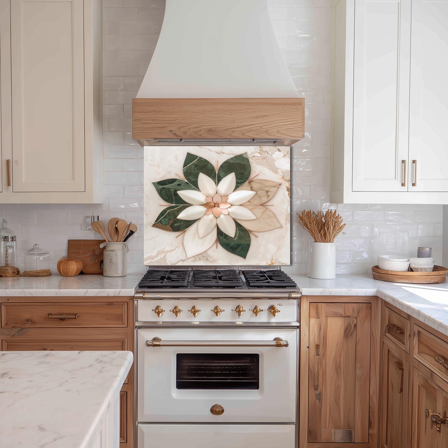 Glass Backsplash for Kitchen, Easy Clean Tempered Glass Panel, Marble Flower Medallion Design