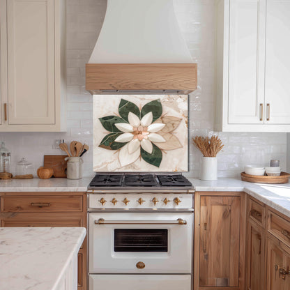 Glass Backsplash for Kitchen, Easy Clean Tempered Glass Panel, Marble Flower Medallion Design