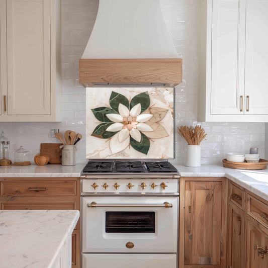 Glass Backsplash for Kitchen, Easy Clean Tempered Glass Panel, Marble Flower Medallion Design