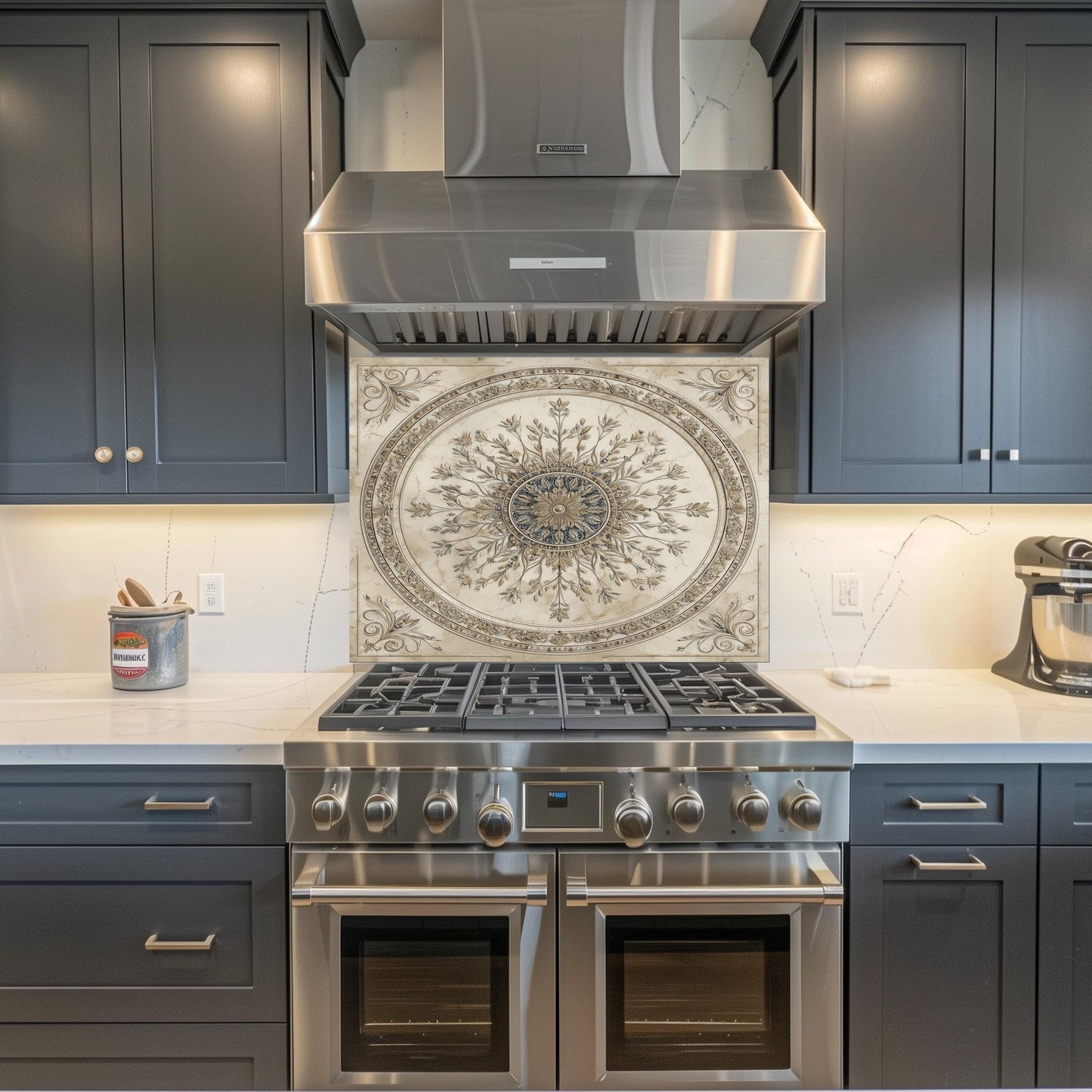 Glass Backsplash for Kitchen, Easy Clean Tempered Glass Panel, Antique Marble Medallion Design