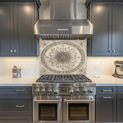 Glass Backsplash for Kitchen, Easy Clean Tempered Glass Panel, Antique Marble Medallion Design
