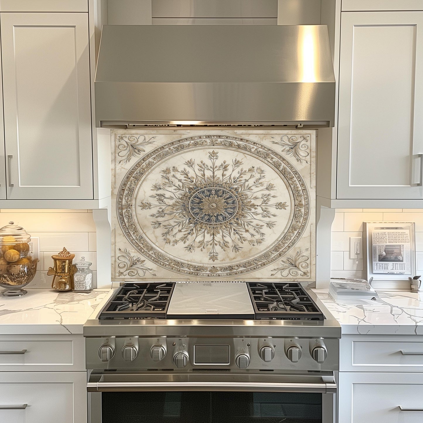 Glass Backsplash for Kitchen, Easy Clean Tempered Glass Panel, Antique Marble Medallion Design