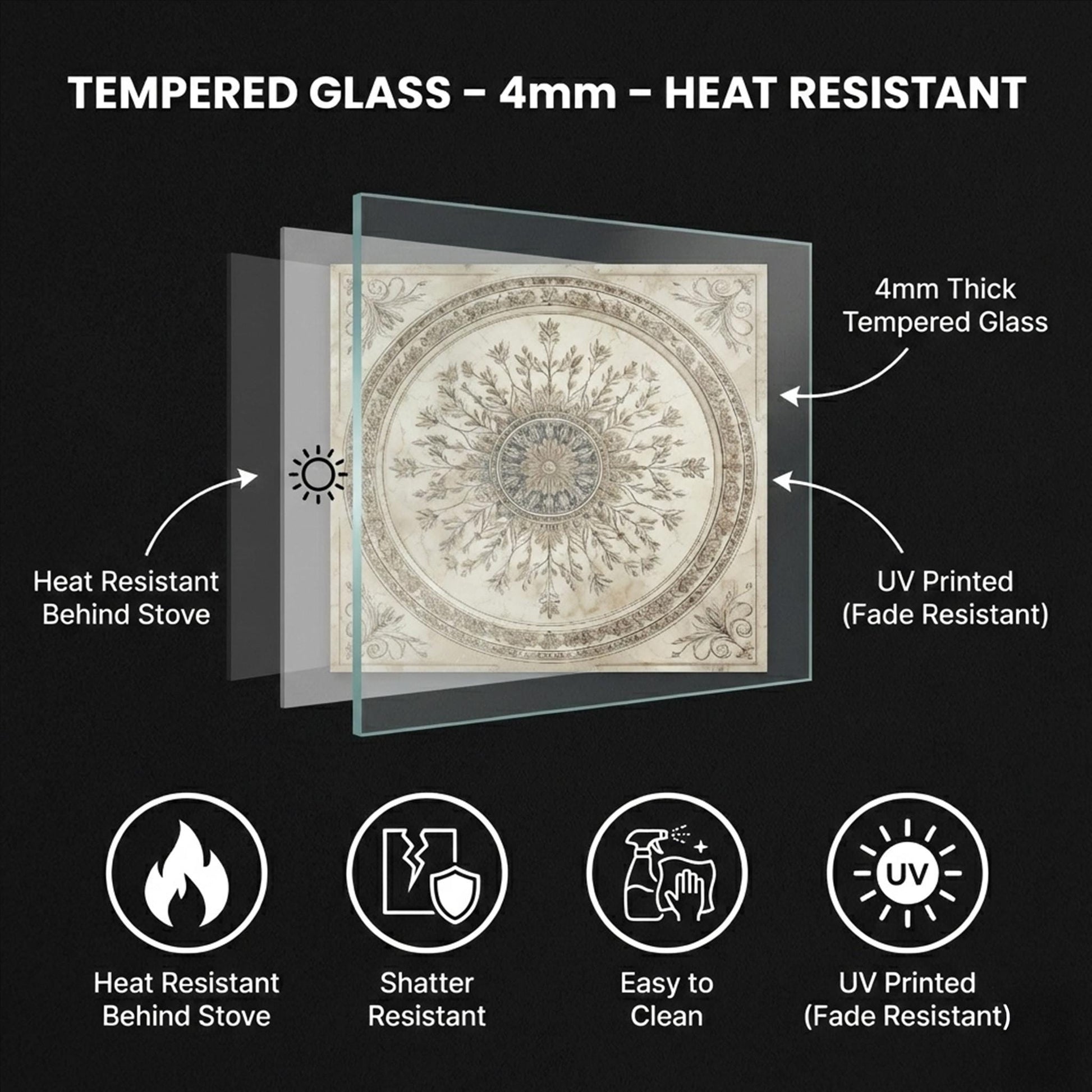 Glass Backsplash for Kitchen, Easy Clean Tempered Glass Panel, Antique Marble Medallion Design