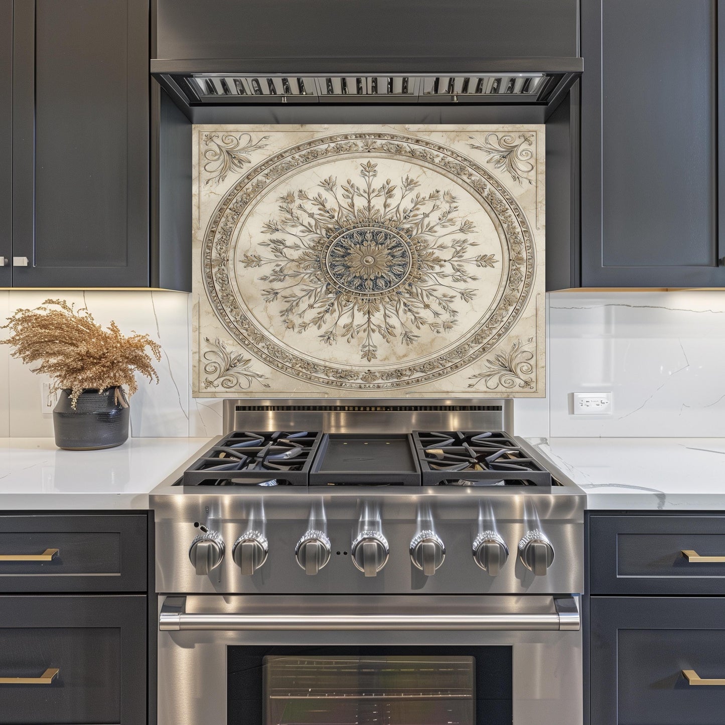 Glass Backsplash for Kitchen, Easy Clean Tempered Glass Panel, Antique Marble Medallion Design