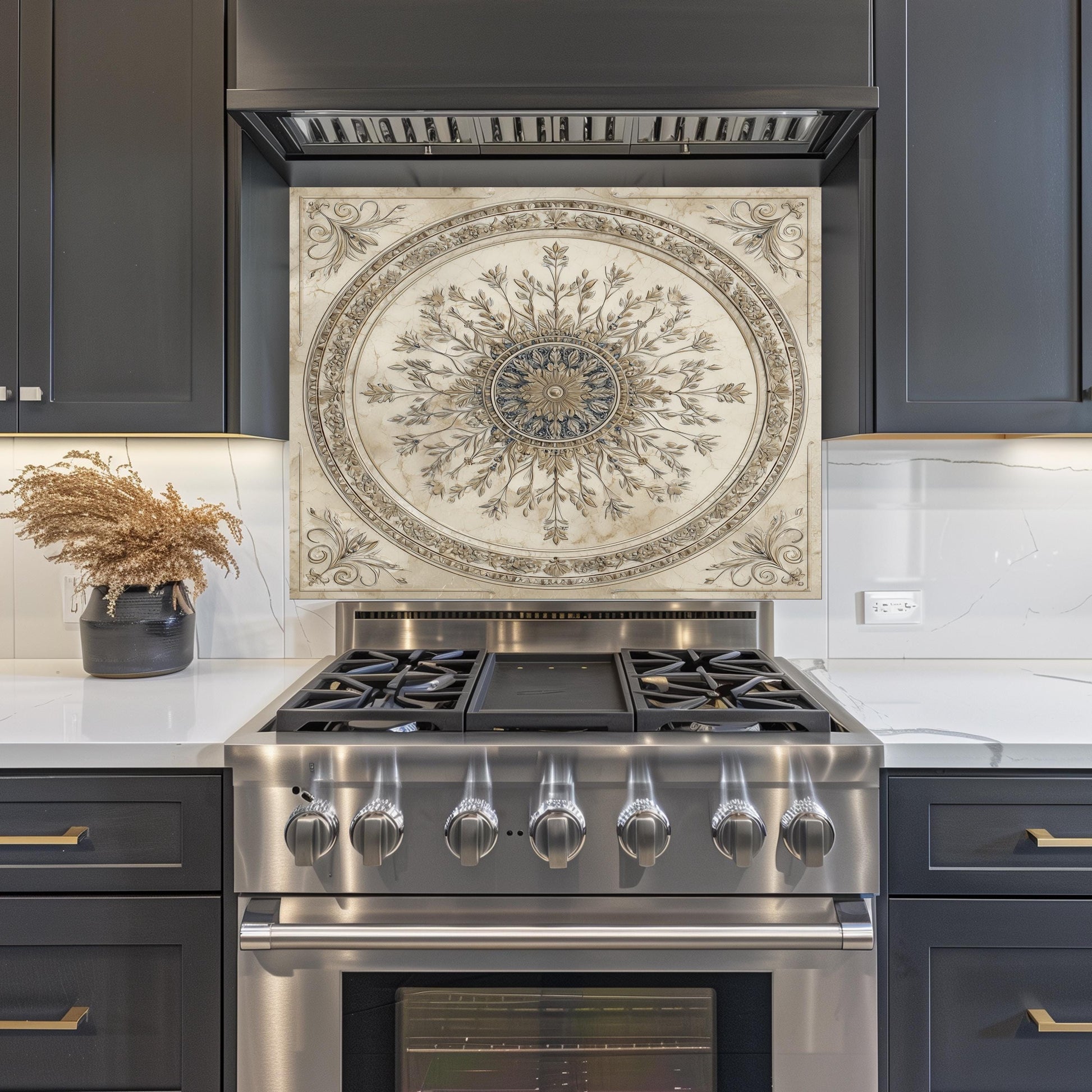Glass Backsplash for Kitchen, Easy Clean Tempered Glass Panel, Antique Marble Medallion Design