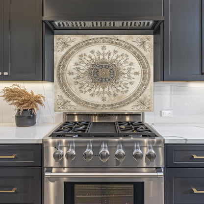Glass Backsplash for Kitchen, Easy Clean Tempered Glass Panel, Antique Marble Medallion Design