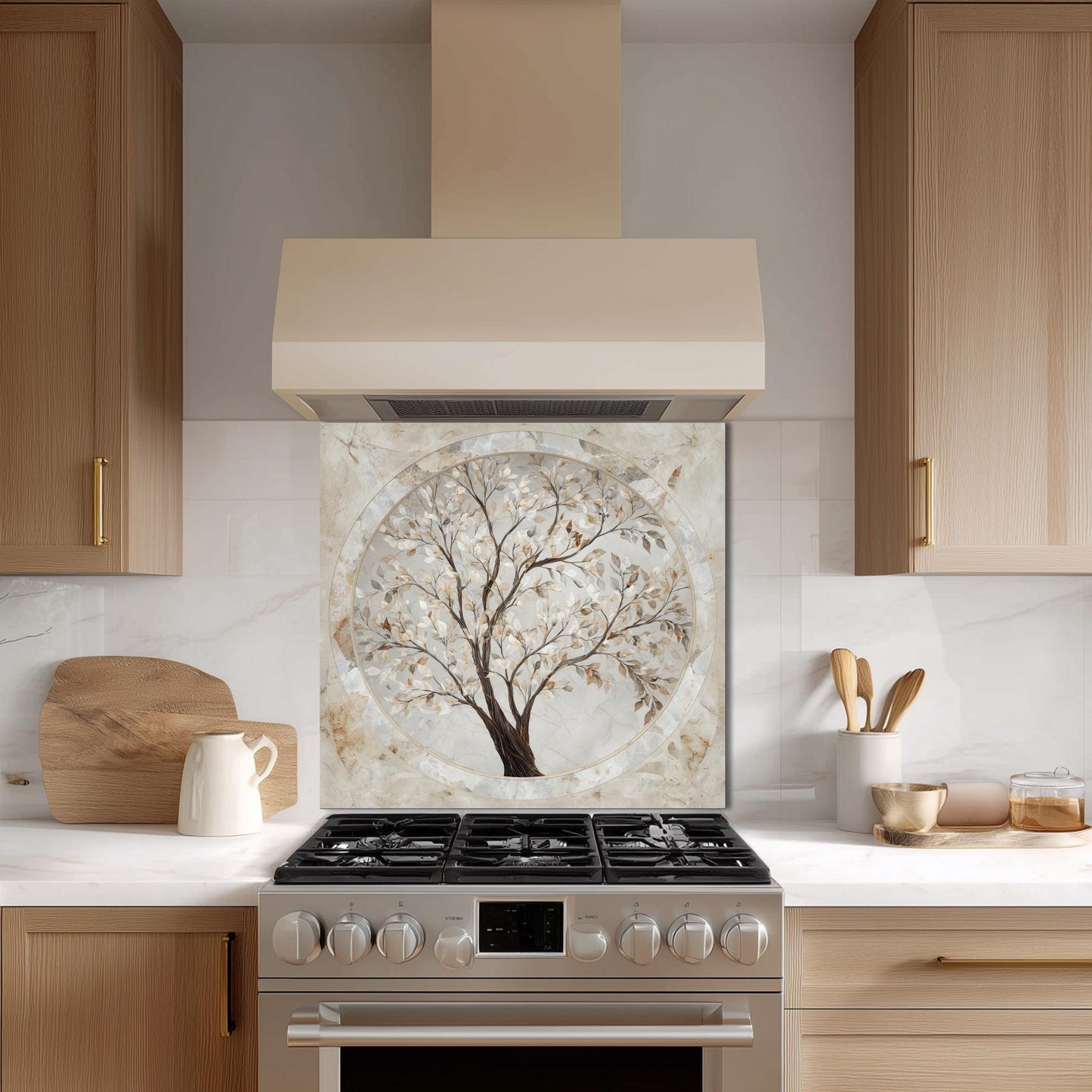 Glass Backsplash for Kitchen, Easy Clean Tempered Glass Panel, Marble Tree of Life Medallion