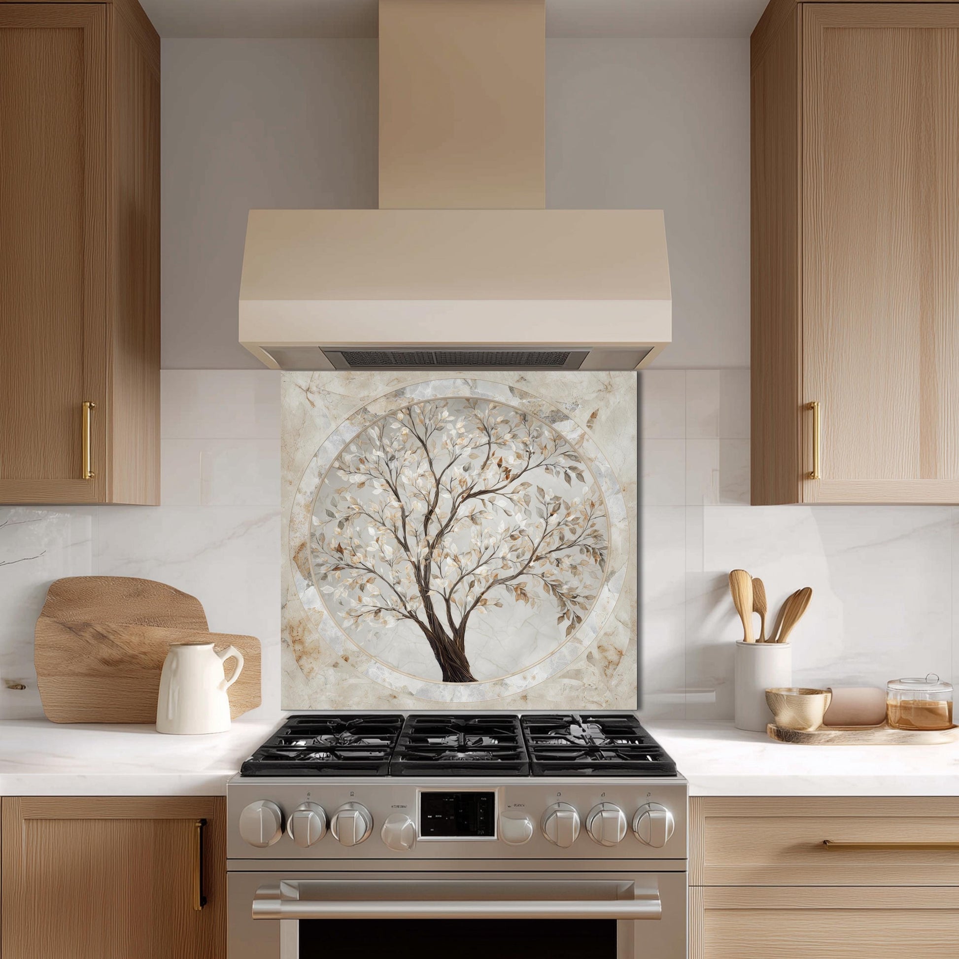 Glass Backsplash for Kitchen, Easy Clean Tempered Glass Panel, Marble Tree of Life Medallion