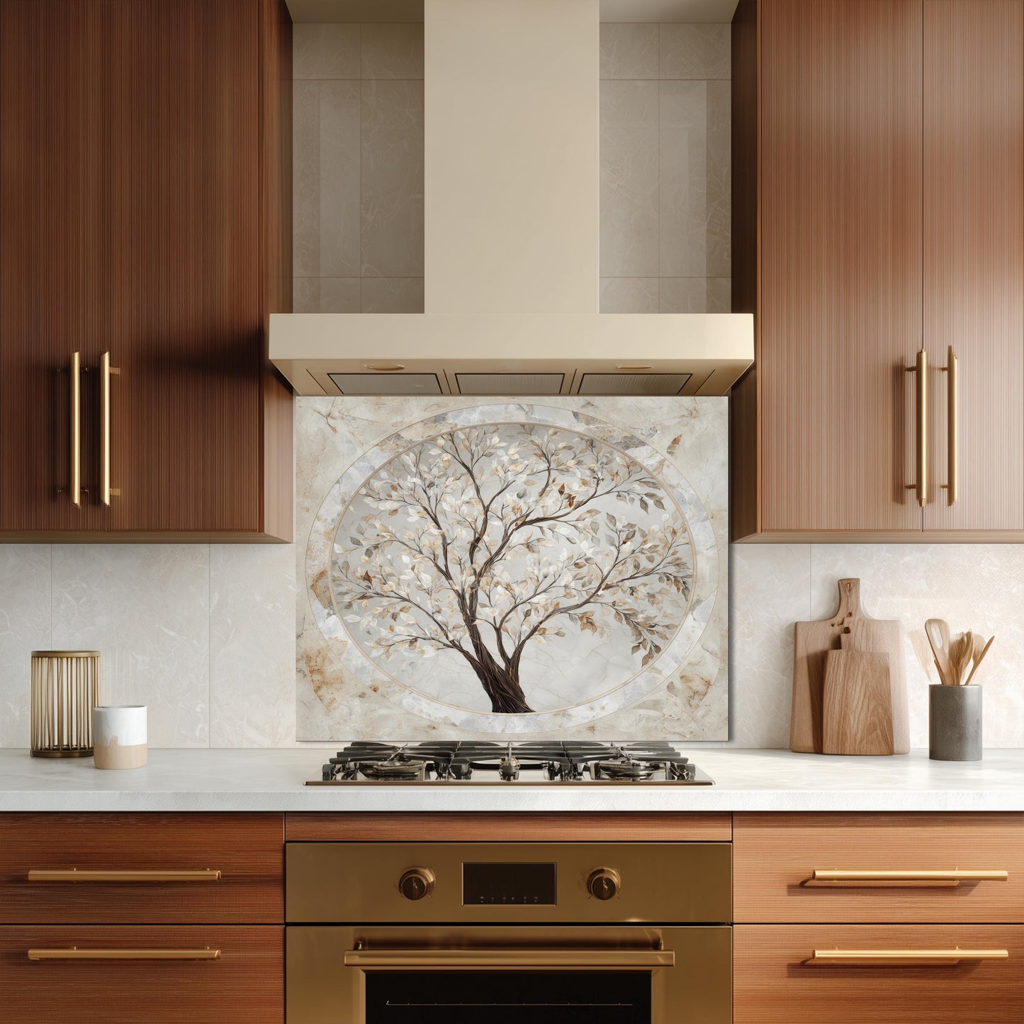 Glass Backsplash for Kitchen, Easy Clean Tempered Glass Panel, Marble Tree of Life Medallion