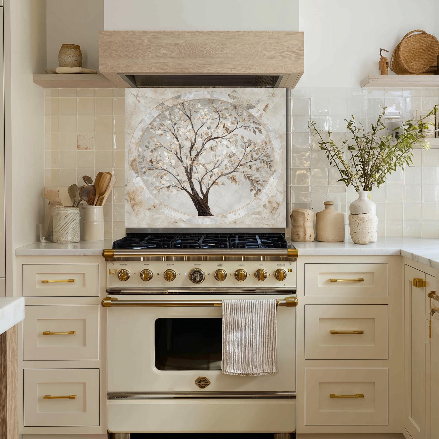 Glass Backsplash for Kitchen, Easy Clean Tempered Glass Panel, Marble Tree of Life Medallion