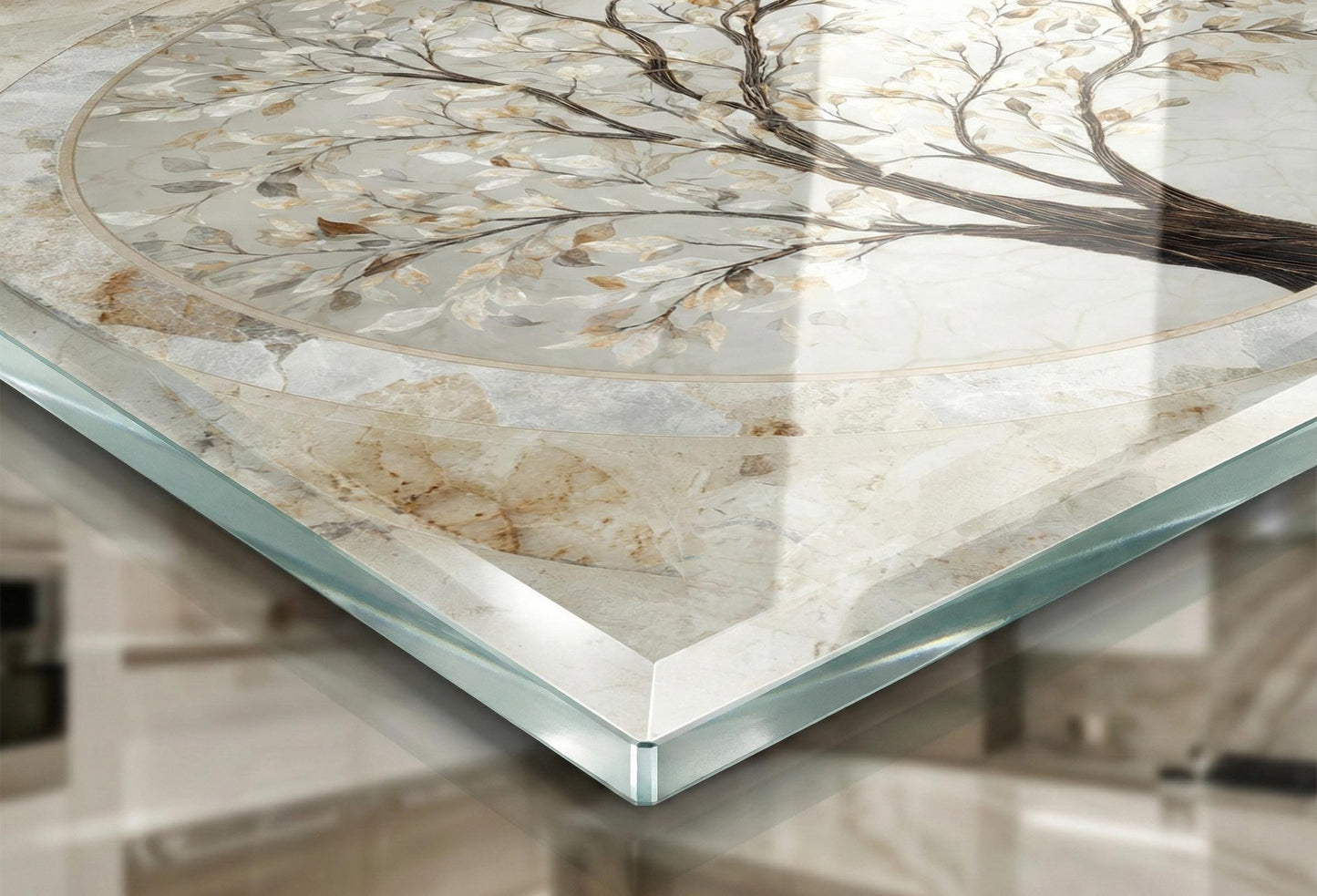 Glass Backsplash for Kitchen, Easy Clean Tempered Glass Panel, Marble Tree of Life Medallion