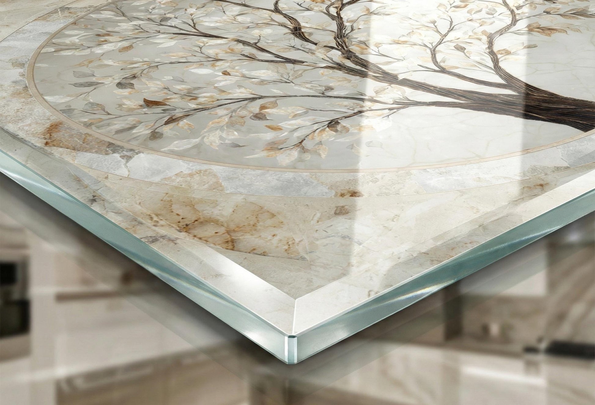 Glass Backsplash for Kitchen, Easy Clean Tempered Glass Panel, Marble Tree of Life Medallion