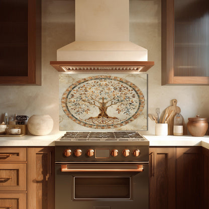 Glass Backsplash for Kitchen, Easy Clean Tempered Glass Panel, Tree of Life Mosaic Medallion