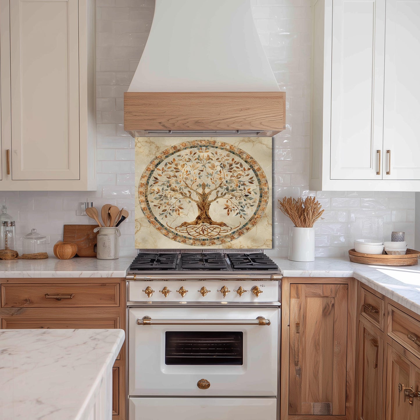 Glass Backsplash for Kitchen, Easy Clean Tempered Glass Panel, Tree of Life Mosaic Medallion