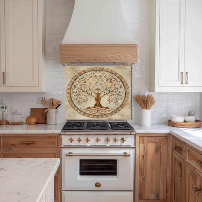 Glass Backsplash for Kitchen, Easy Clean Tempered Glass Panel, Tree of Life Mosaic Medallion