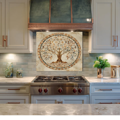 Glass Backsplash for Kitchen, Easy Clean Tempered Glass Panel, Tree of Life Mosaic Medallion