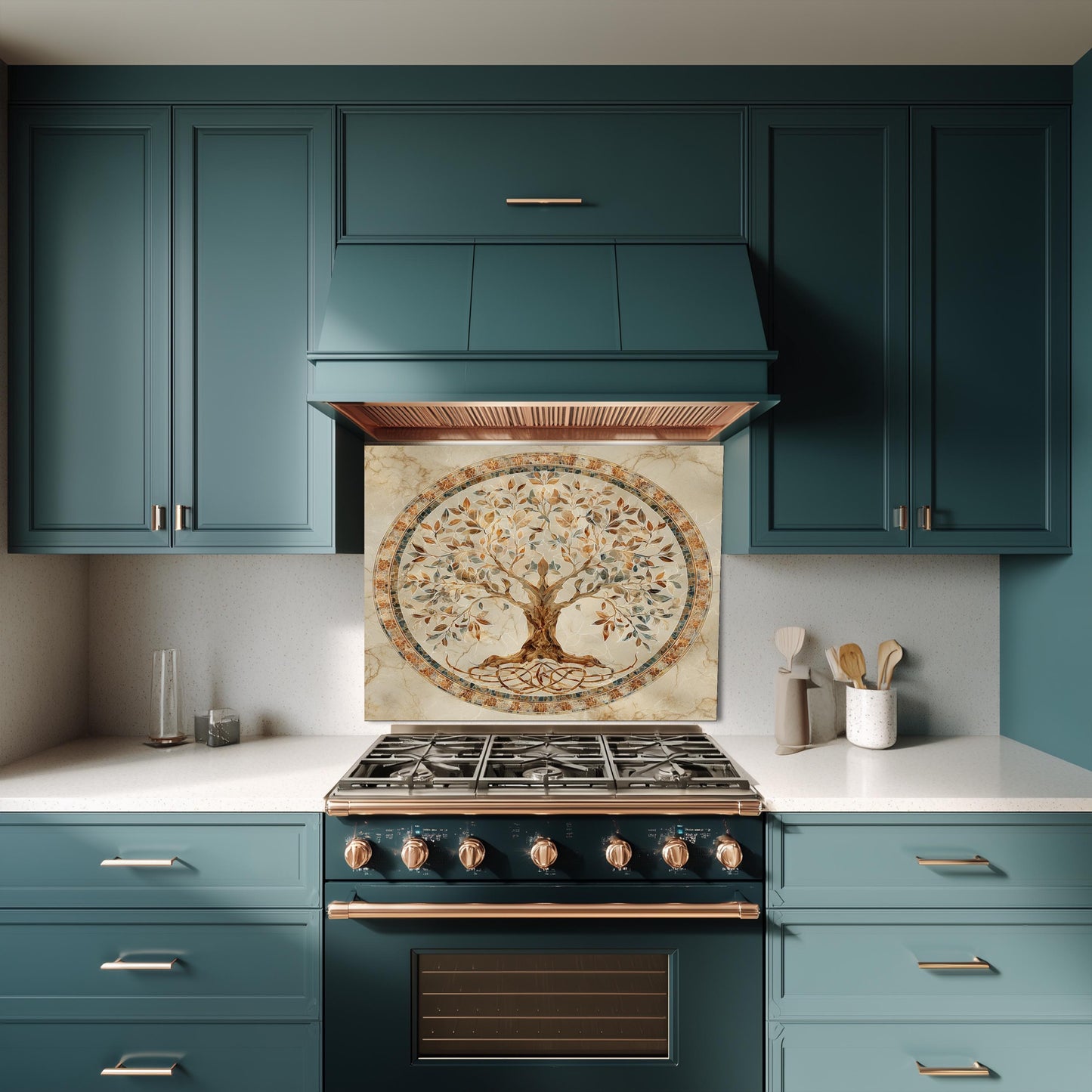 Glass Backsplash for Kitchen, Easy Clean Tempered Glass Panel, Tree of Life Mosaic Medallion