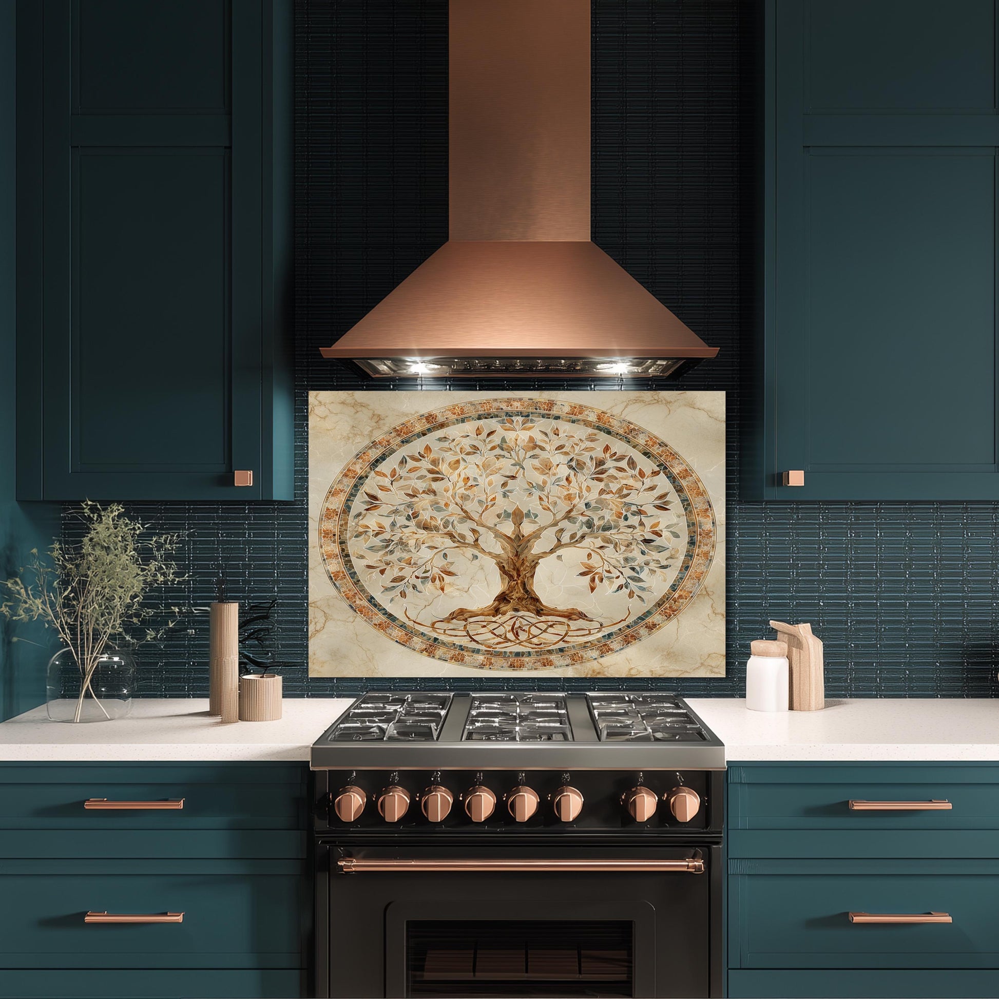 Glass Backsplash for Kitchen, Easy Clean Tempered Glass Panel, Tree of Life Mosaic Medallion