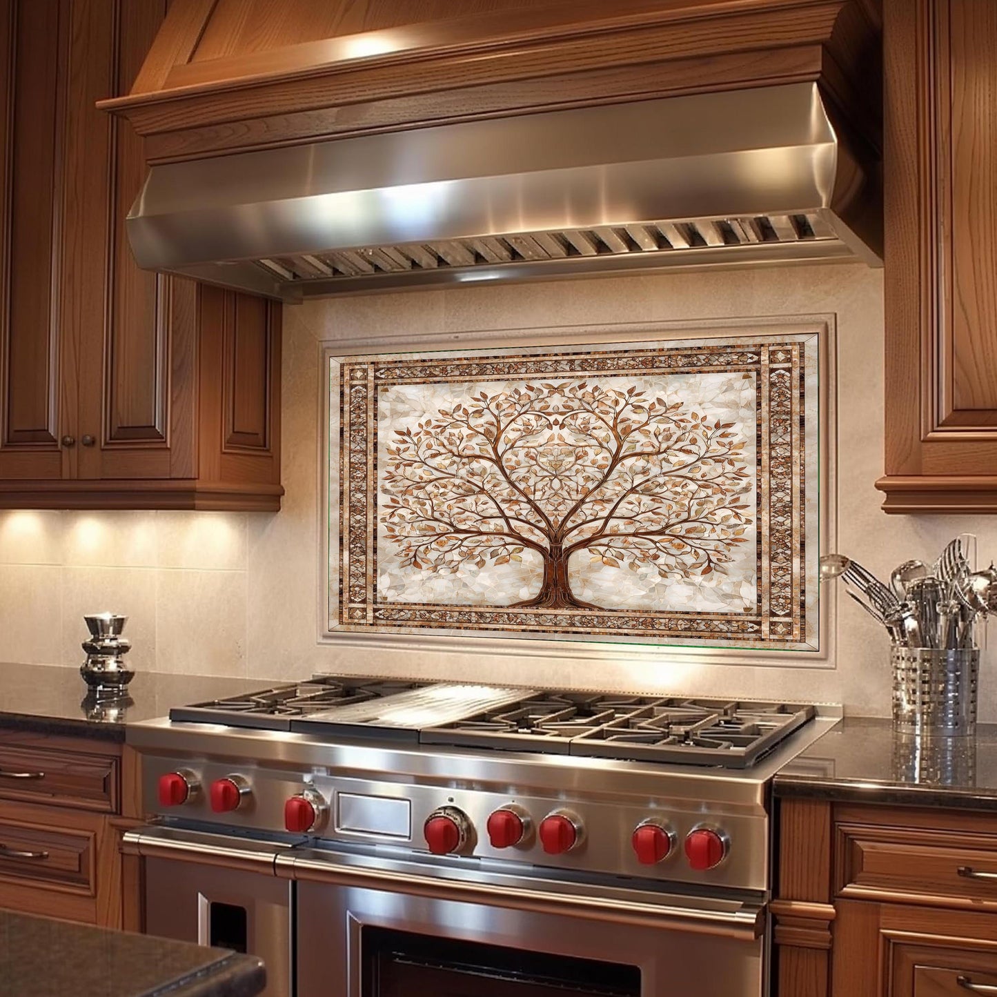Glass Backsplash for Kitchen, Easy Clean Tempered Glass Panel, Palace Tree of Life Mosaic