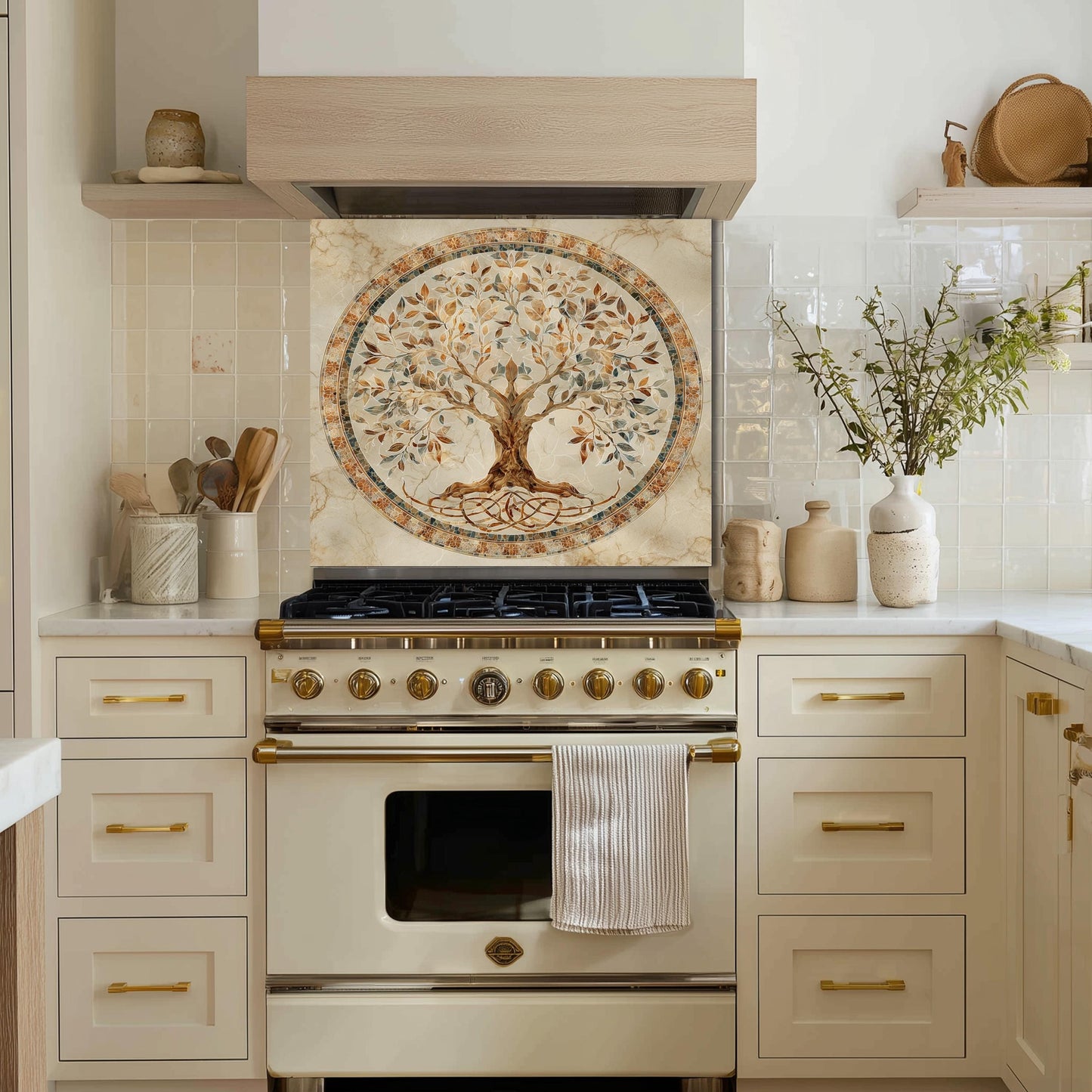 Glass Backsplash for Kitchen, Easy Clean Tempered Glass Panel, Tree of Life Mosaic Medallion